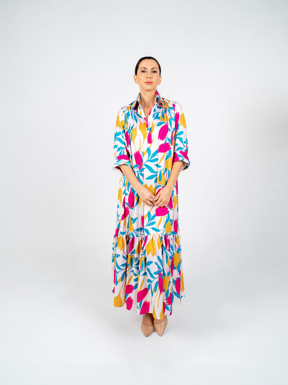 30% OFF!! Long Dress with Sleeves - White Rose Blue & Yellow